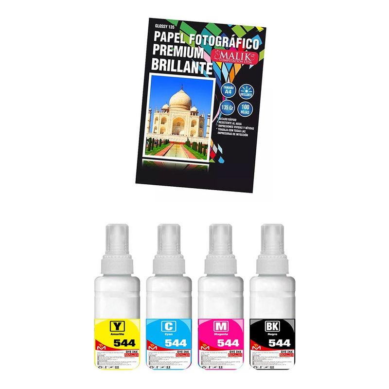 MALIK - Papel Glossy 135gm 100 hojas + 4 Tintas para Epson L375