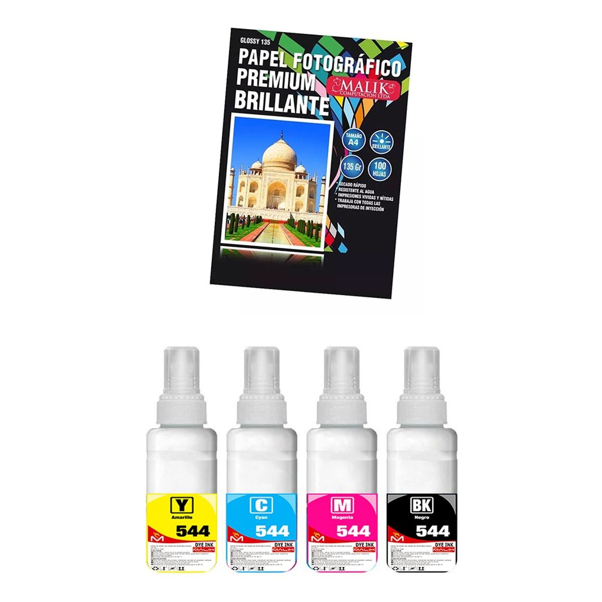 MALIK - Papel Glossy 135gm 100 hojas + 4 Tintas para Epsn L380