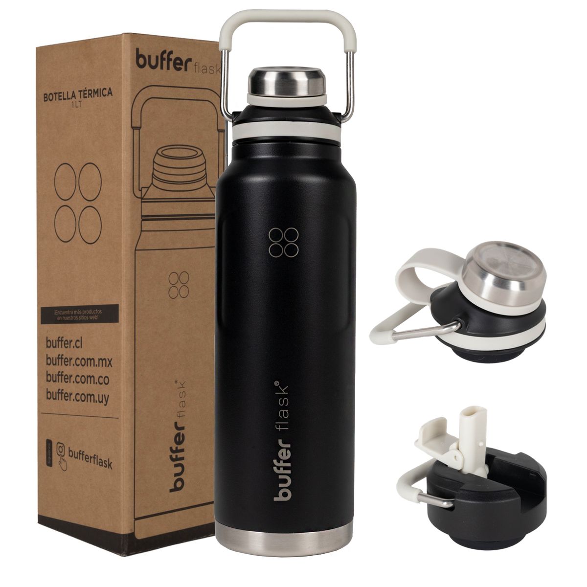 BUFFER FLASK - Termo Botella Agua Termica Buffer Acero Inox 1 Litro - Negro