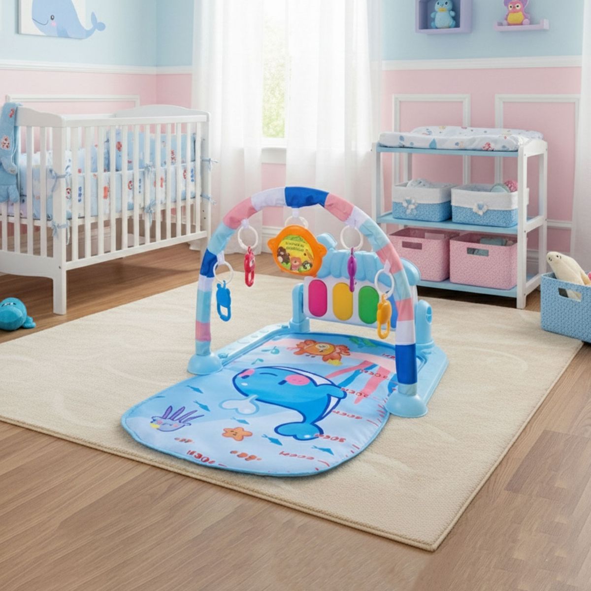 MON PETIT - Gimnasio Alfombra Bebe Piano 3 en 1 Fluffy Whale Celeste