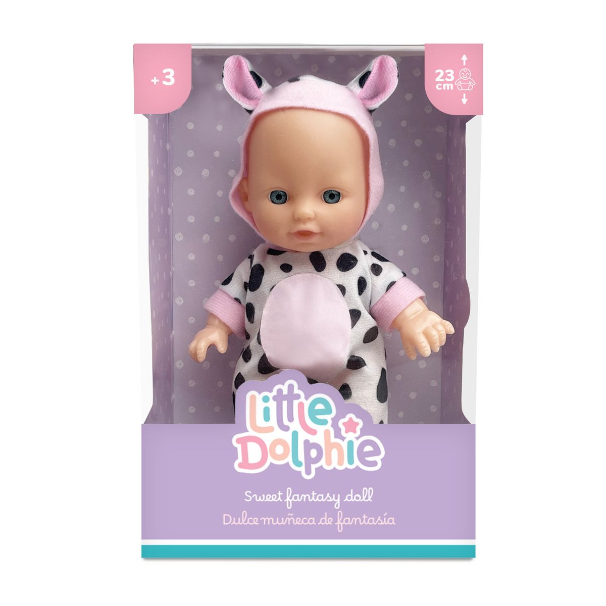 LITTLE DOLPHIE - Juguete Muñeca Bebé de 23 cm con Traje de Vaquita