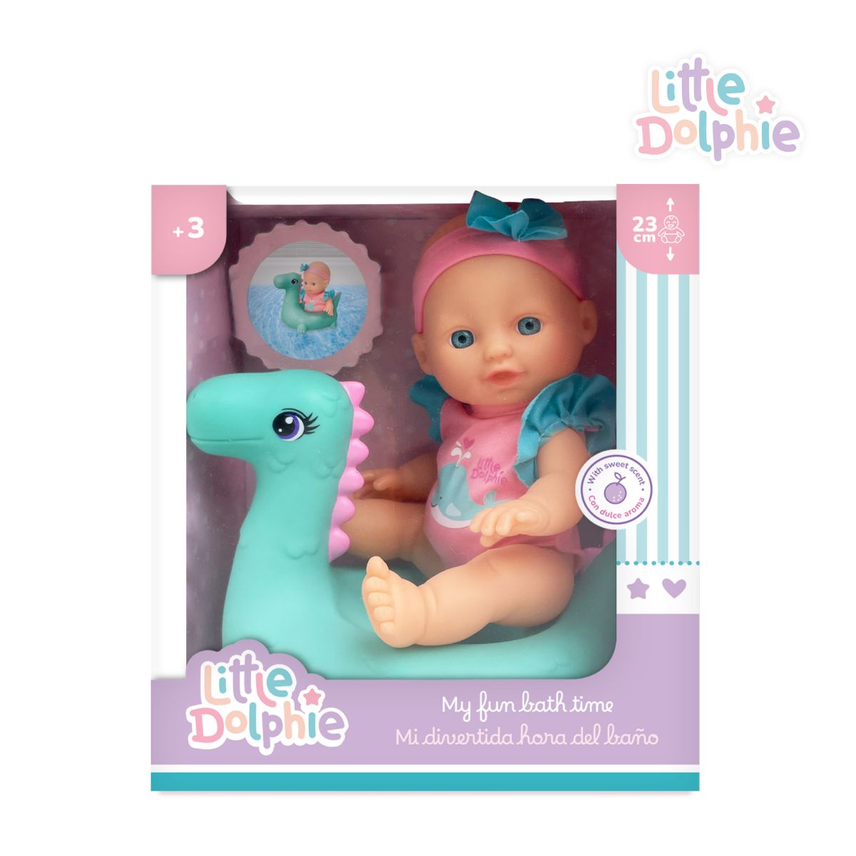 LITTLE DOLPHIE - Juguete Muñeca Bebé 23 cm con Dinosaurio Inflable
