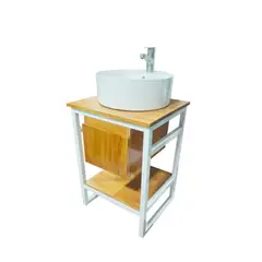 DECHAUS - Vanitorio Rustico Fierro Blanco-Pino Finger y Loza Sobreponer 52x47x87 cms + Griferia