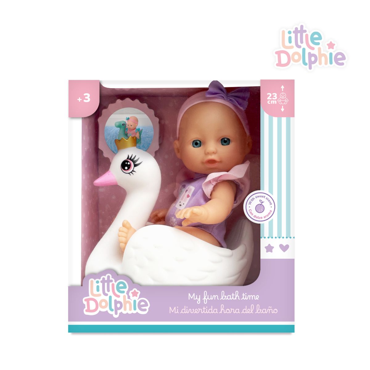 LITTLE DOLPHIE - Juguete Muñeca Bebé 23 cm con Cisne Inflable