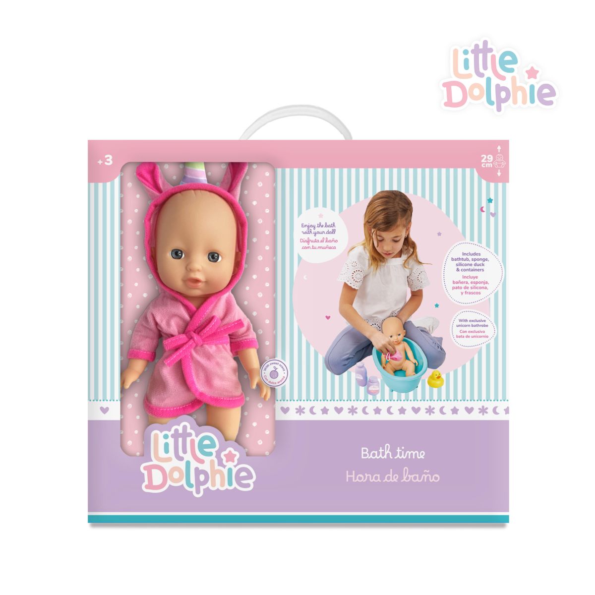 LITTLE DOLPHIE - Juguete Muñeca Bebé 29 cm con Tina y Bata
