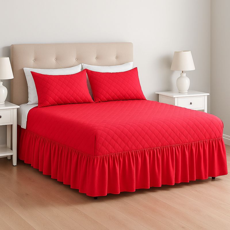 ARMONIA - Faldón de cama doble rojo 20 plazas acolchado con fundas