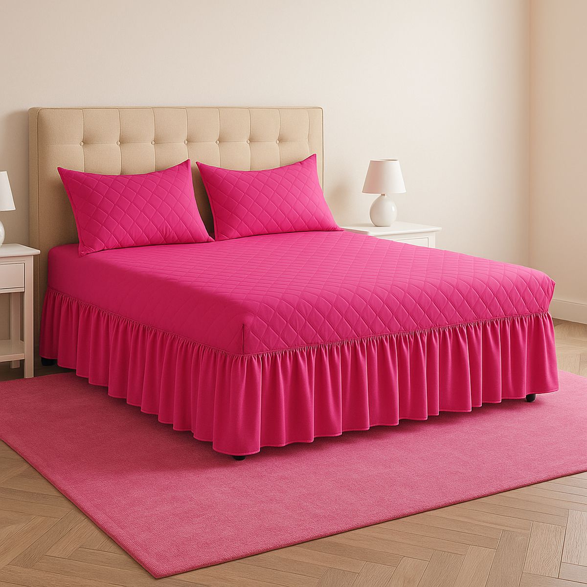 ARMONIA - Faldón de cama doble fucsia 20 plazas acolchado con fundas