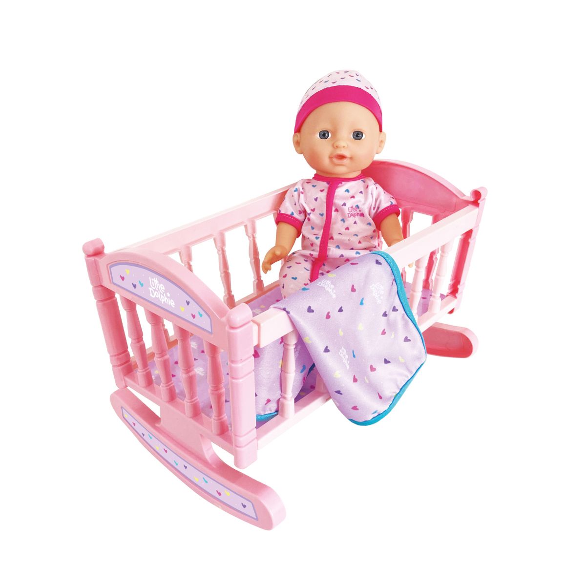 LITTLE DOLPHIE - Juguete Muñeca Bebé 29 cm con Cuna, Manta y Pijama