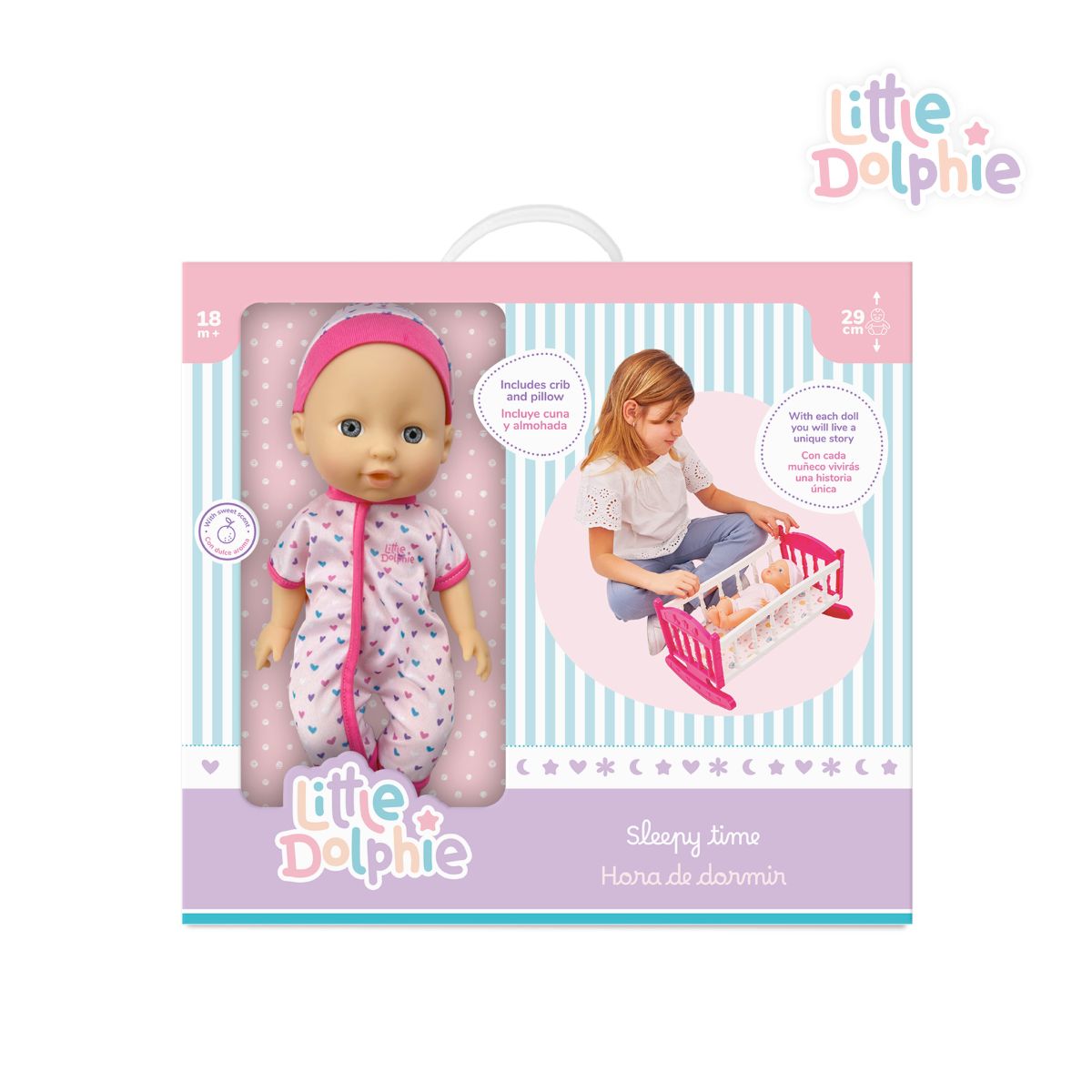 LITTLE DOLPHIE - Juguete Muñeca Bebé 29 cm con Cuna, Manta y Pijama