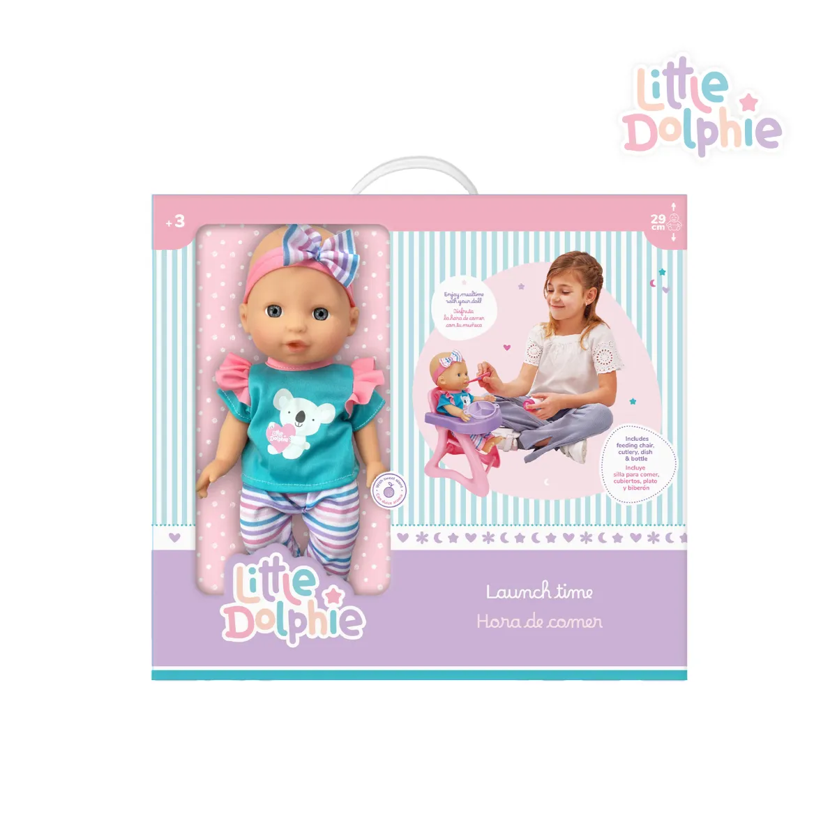 LITTLE DOLPHIE - Juguete Muñeca Bebé 29 cm con Silla y Mamadera