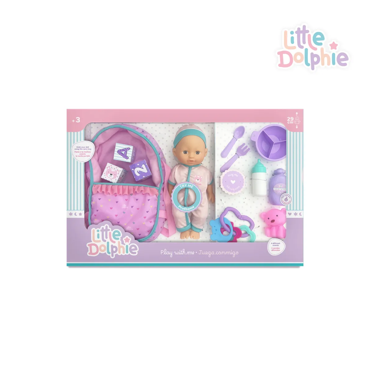 LITTLE DOLPHIE - Juguete Muñeca Bebé 29 cm con Sonido,Mochila y Accesorios