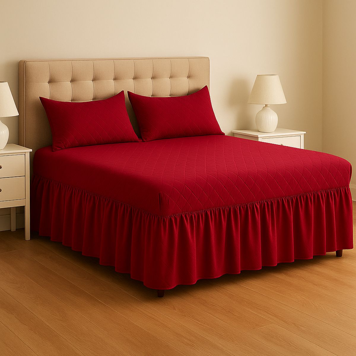 ARMONIA - Faldón cama doble burdeo 25 plazas acolchado moderno