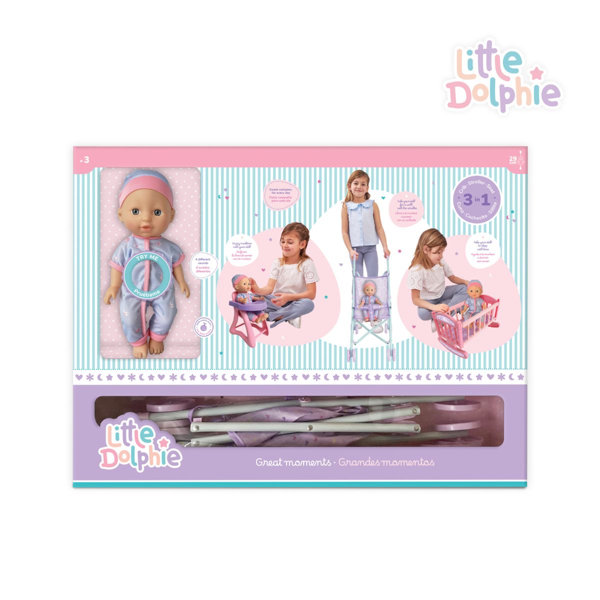 LITTLE DOLPHIE - Set 3 en 1 con Muñeca Bebé 29 cm Juguete