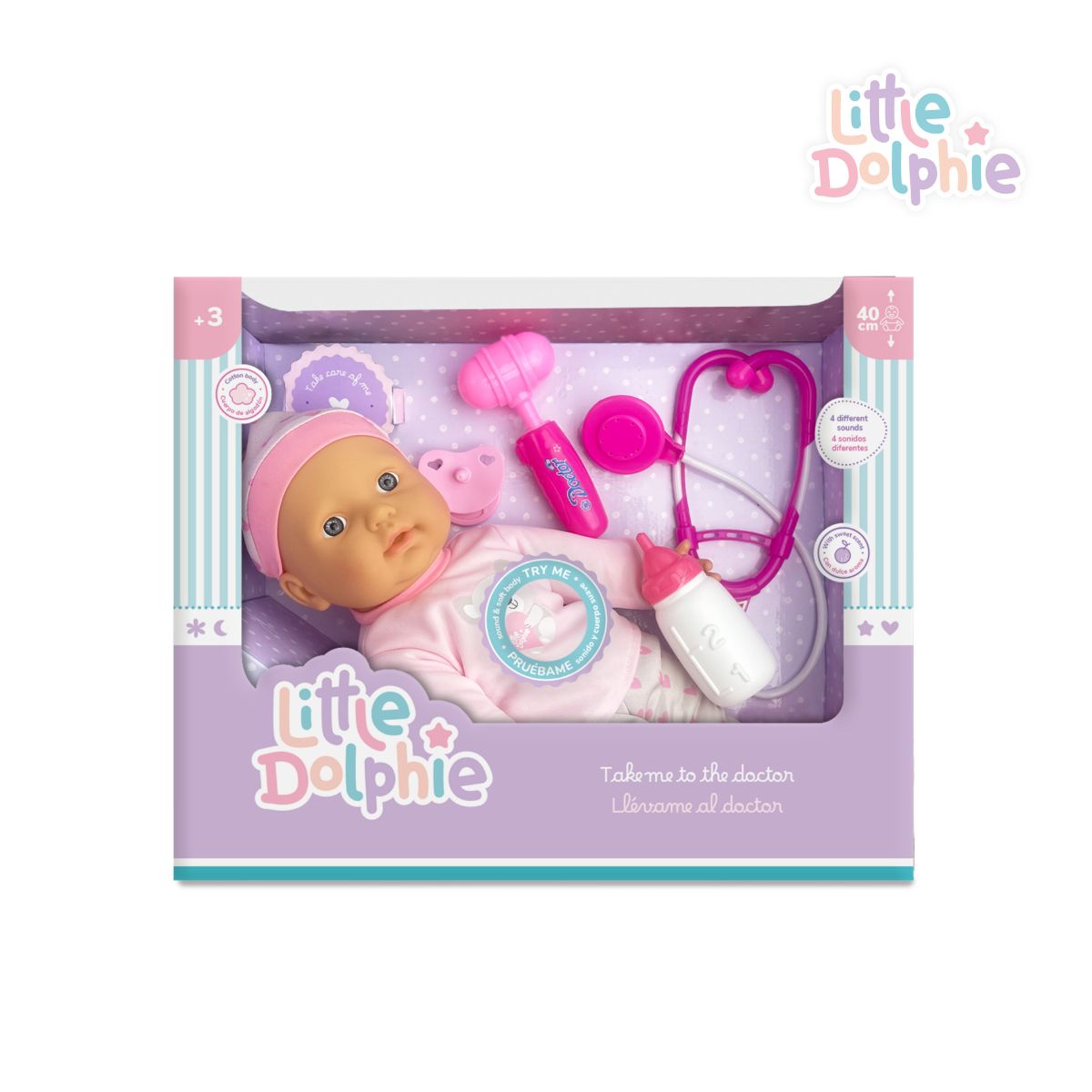 LITTLE DOLPHIE - Juguete Muñeca Bebé 40 cm con Sonidos y Kit Médico