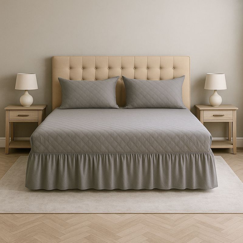 ARMONIA - Faldón doble acolchado gris cama 15 plazas con funda incluida