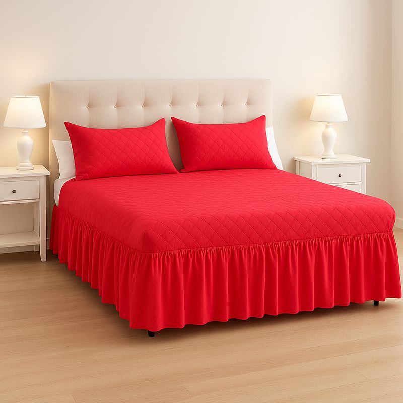 ARMONIA - Faldón cama 15 plazas doble rojo + funda almohada