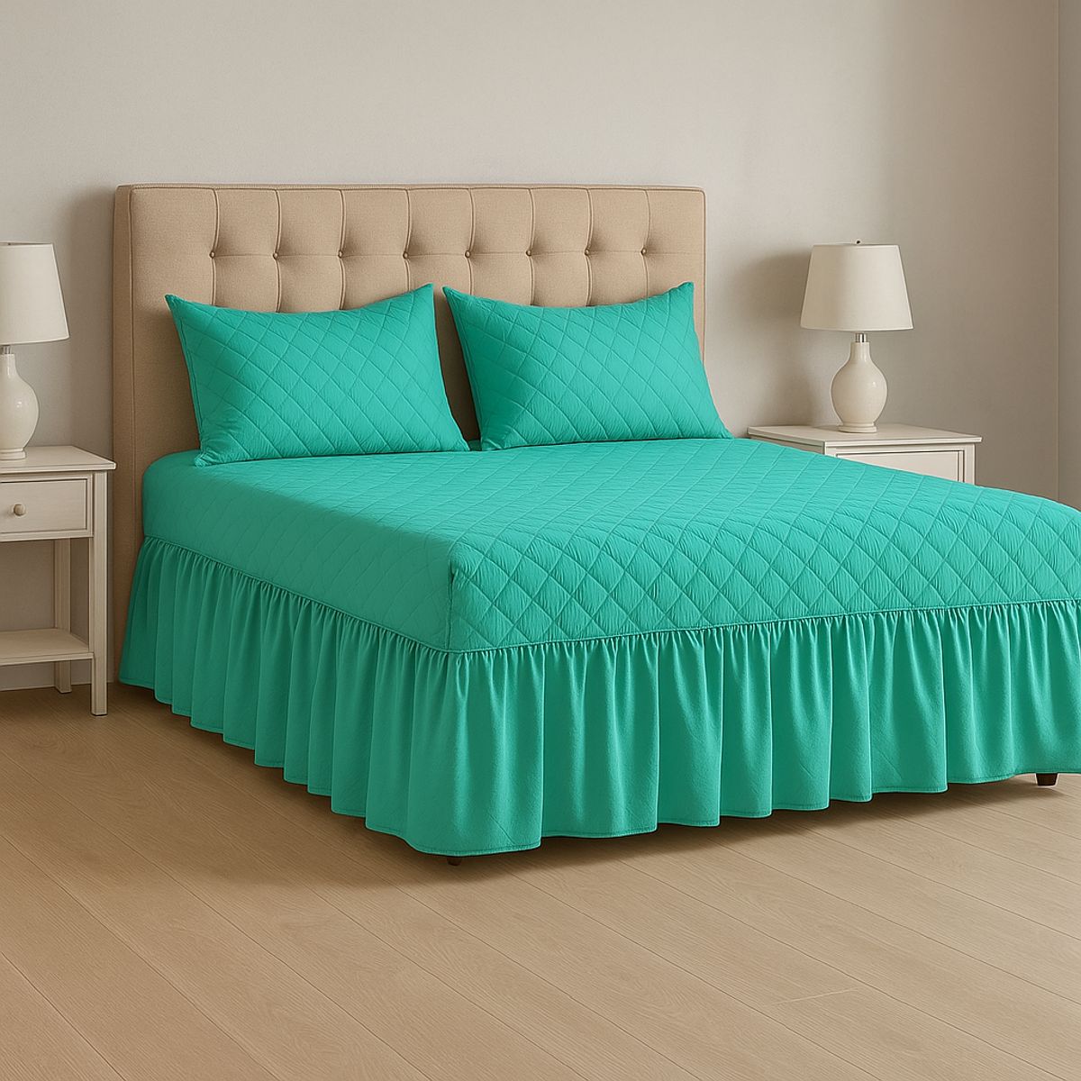 ARMONIA - Faldón cama 15 plazas doble turquesa + funda almohada