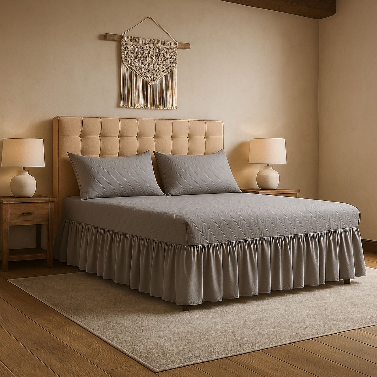 ARMONIA - Faldón doble 20 plazas gris acolchado con fundas almohada