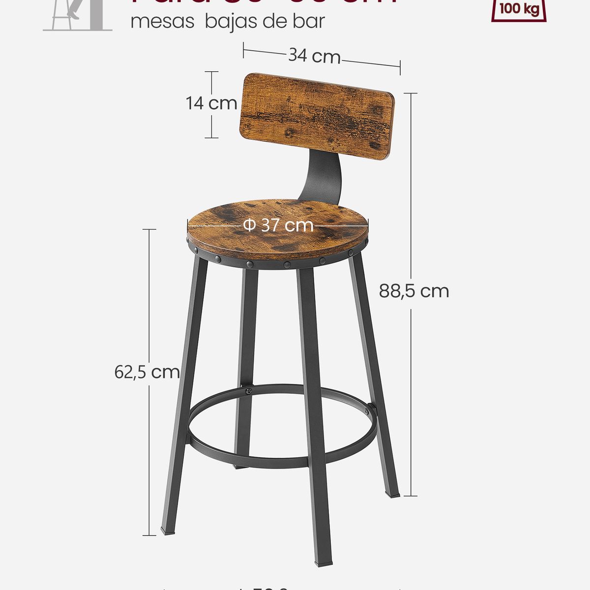 VASAGLE - Set Taburetes Sillas de Bar con respaldo H625
