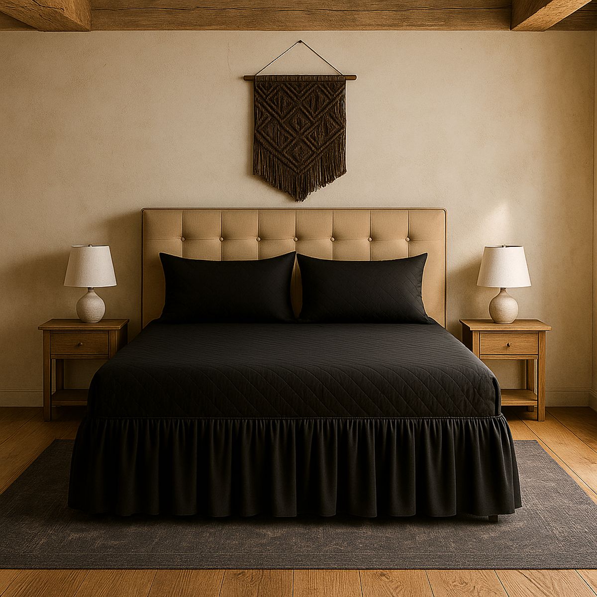 ARMONIA - Faldón cama 20 plazas negro doble acolchado con fundas