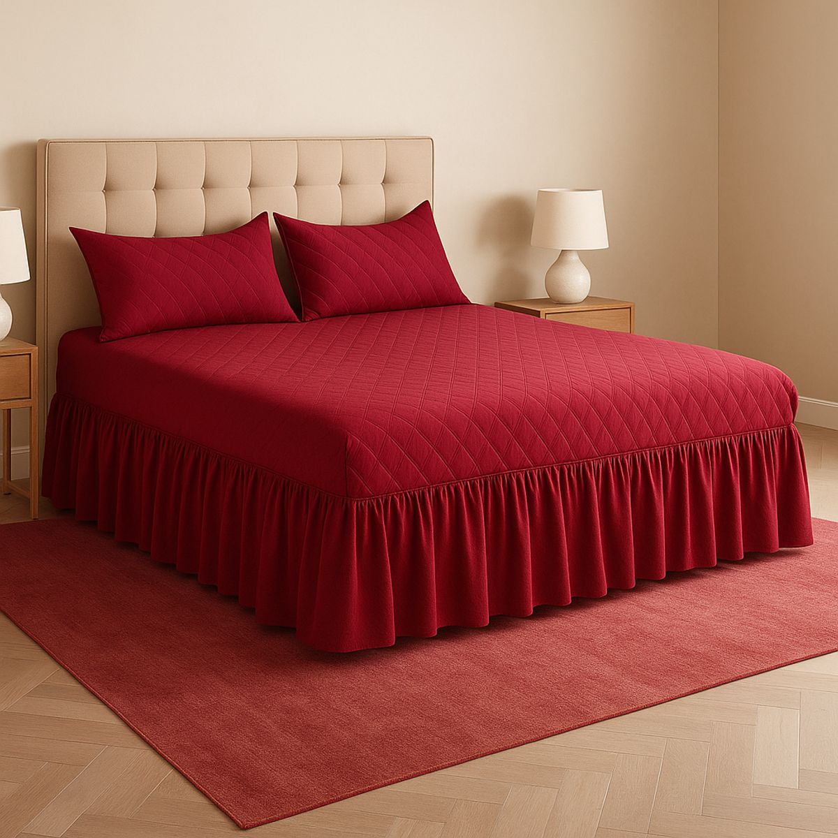 ARMONIA - Faldón cama 25 plazas burdeo doble acolchado con fundas