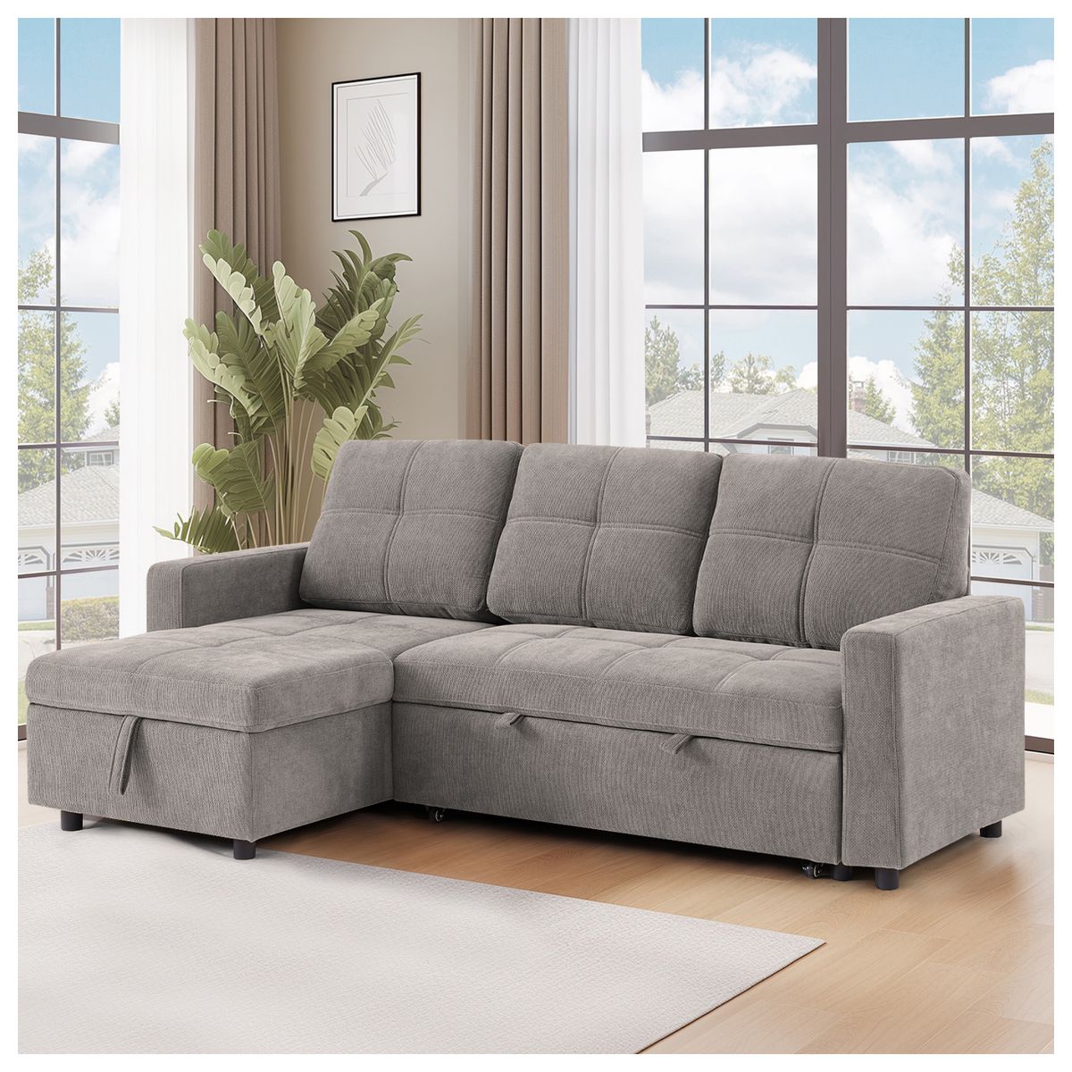 NOVAHUS - Sofá Cama 3 Cuerpos Gris 216x106x91cm Almacenaje