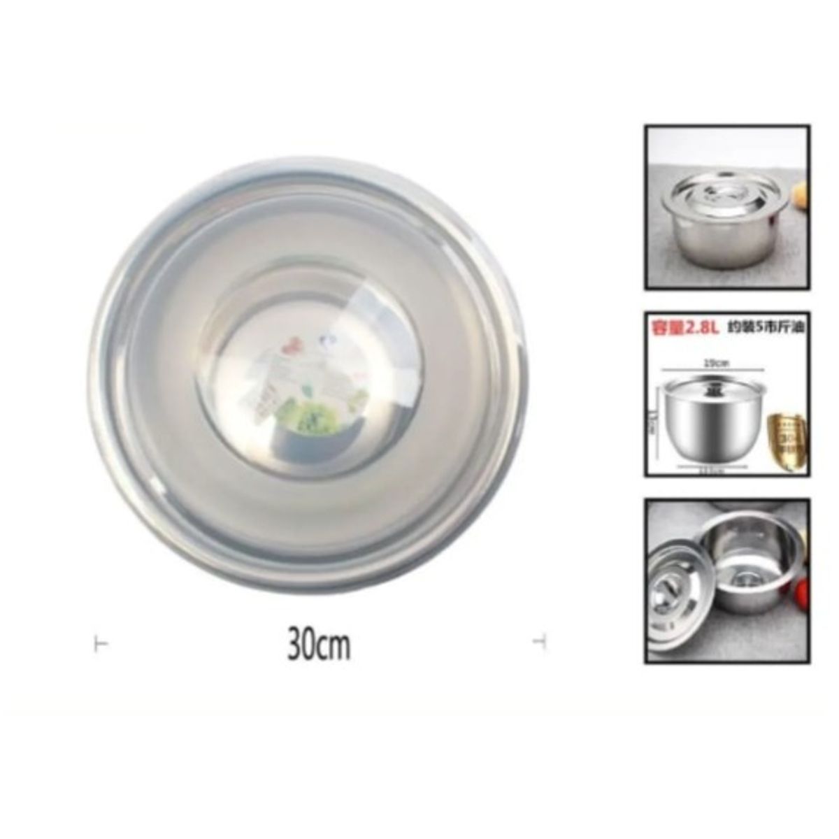 GENERICO - Bowl De Acero Inoxidable 30 Cm Para Cocina Con Tapa Plastica