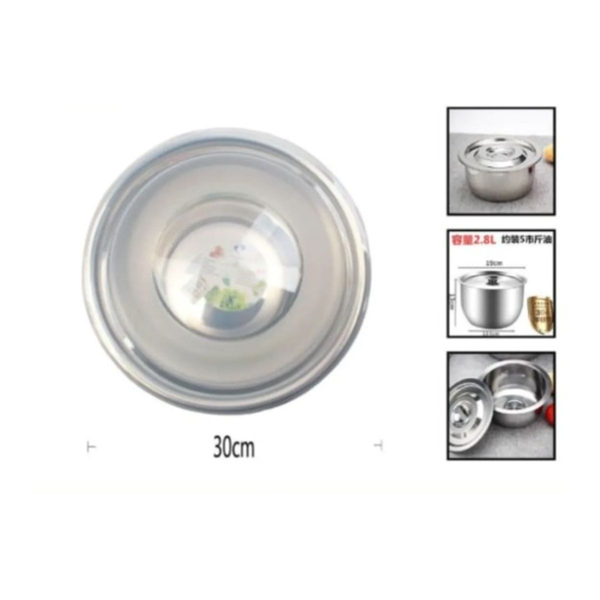 GENERICO - Bowl De Acero Inoxidable 30 Cm Para Cocina Con Tapa Plastica