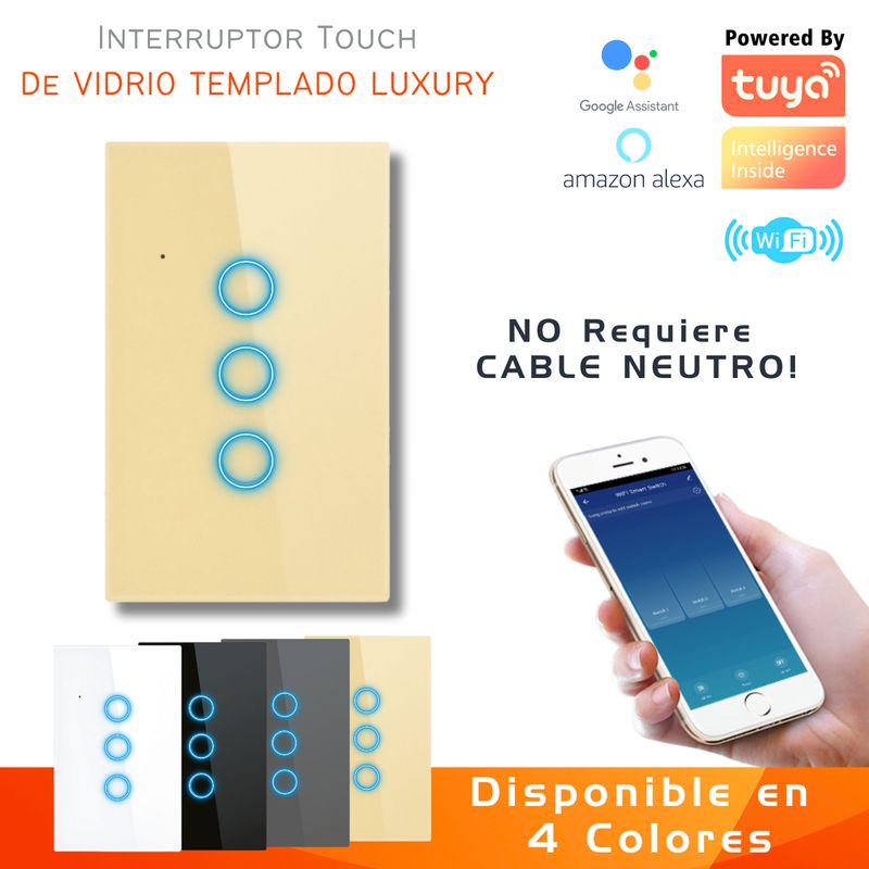 D MOTICA - Interruptor Touch Triple Inteligente Wifi 3 Canal Sin Neutro - DORADO