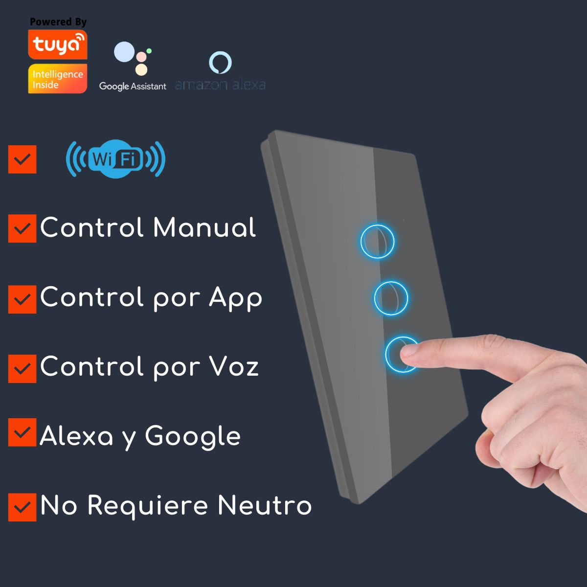 D MOTICA - Interruptor Touch Triple Inteligente Wifi 3 Canal Sin Neutro - GRIS
