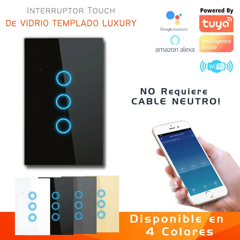 D MOTICA - Interruptor Touch Triple Inteligente Wifi 3 Canal Sin Neutro - NEGRO
