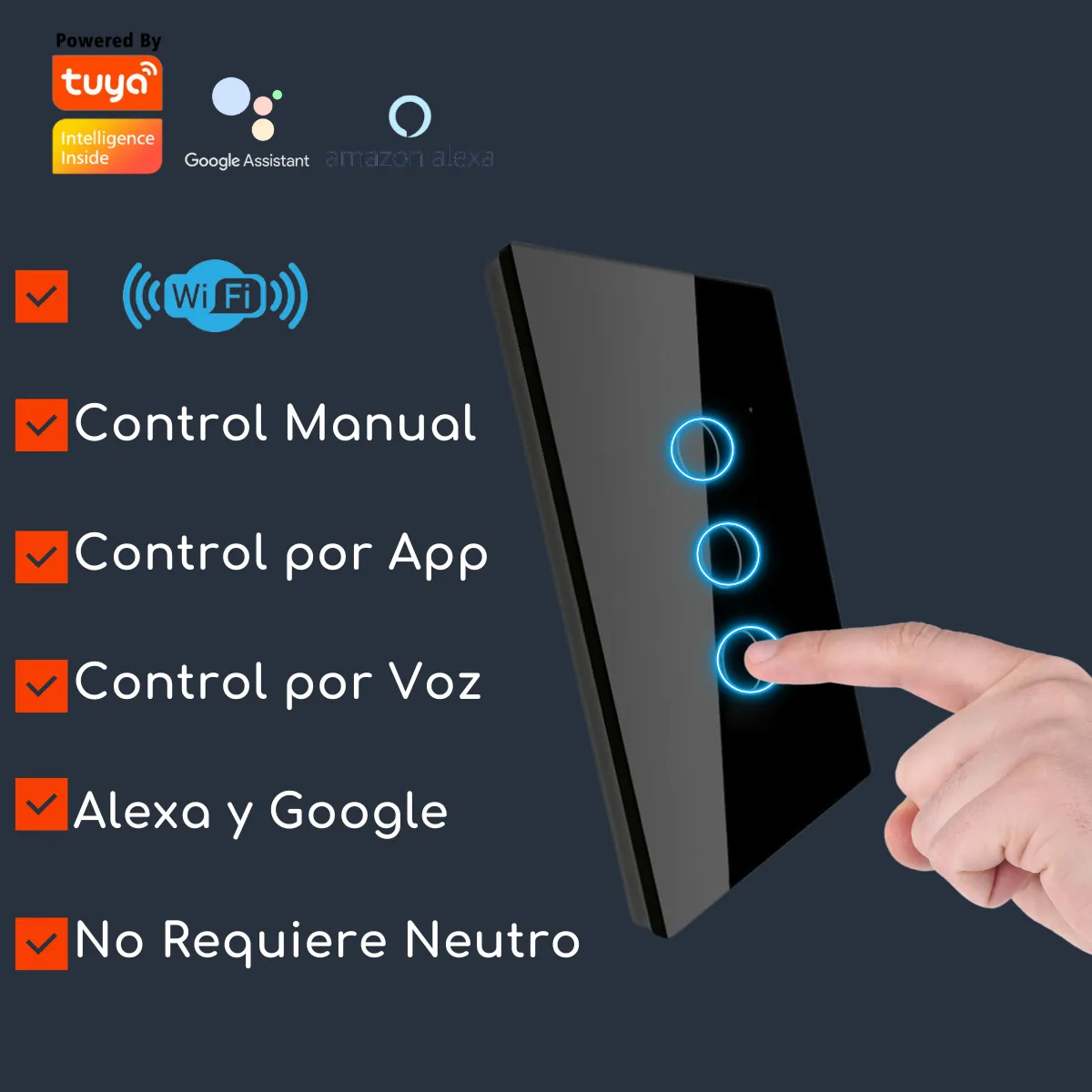 D MOTICA - Interruptor Touch Triple Inteligente Wifi 3 Canal Sin Neutro - NEGRO