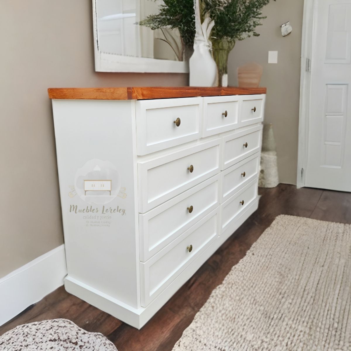 RUSTIC STYLE - COMODA MADERA 9 CAJONES BLANCA Y CAOBA + TELESCOPICOS + TIRADOR PREMIUM