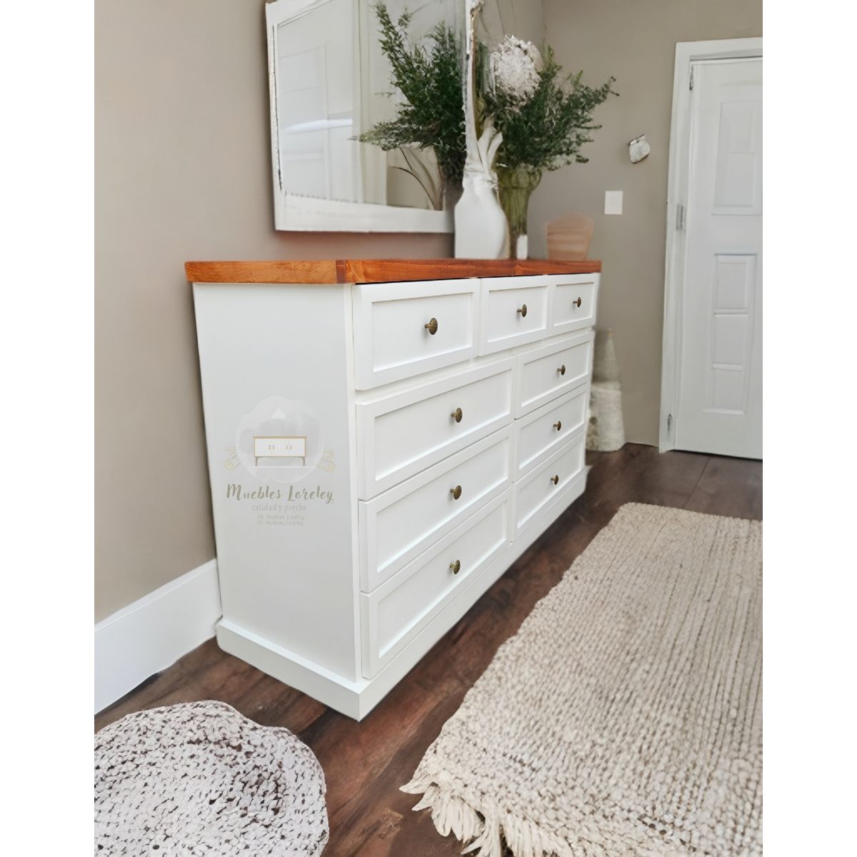 RUSTIC STYLE - COMODA MADERA 9 CAJONES BLANCA Y CAOBA + TELESCOPICOS + TIRADOR PREMIUM
