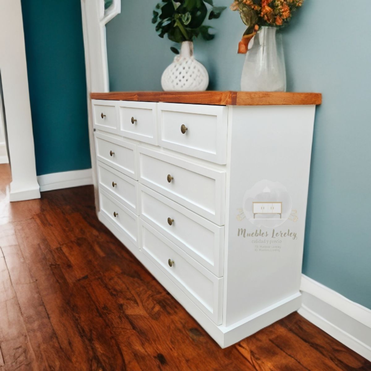 RUSTIC STYLE - COMODA MADERA 9 CAJONES BLANCA Y CAOBA + TELESCOPICOS + TIRADOR PREMIUM