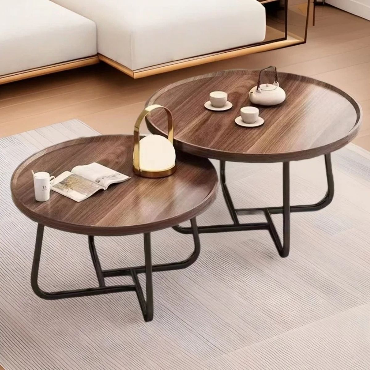 GENERICO - SET DE MESA DE CENTRO REDONDA MADERA COLOR NOGAL  ESTILO MODERNO