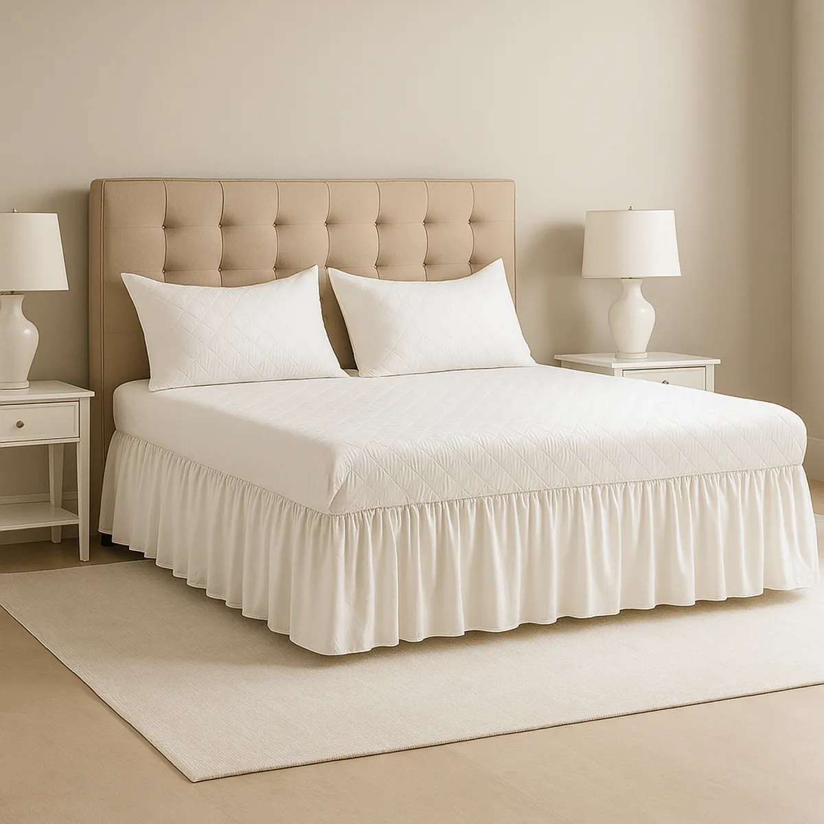 ARMONIA - Faldón acolchado blanco doble 25 plazas para dormitorio