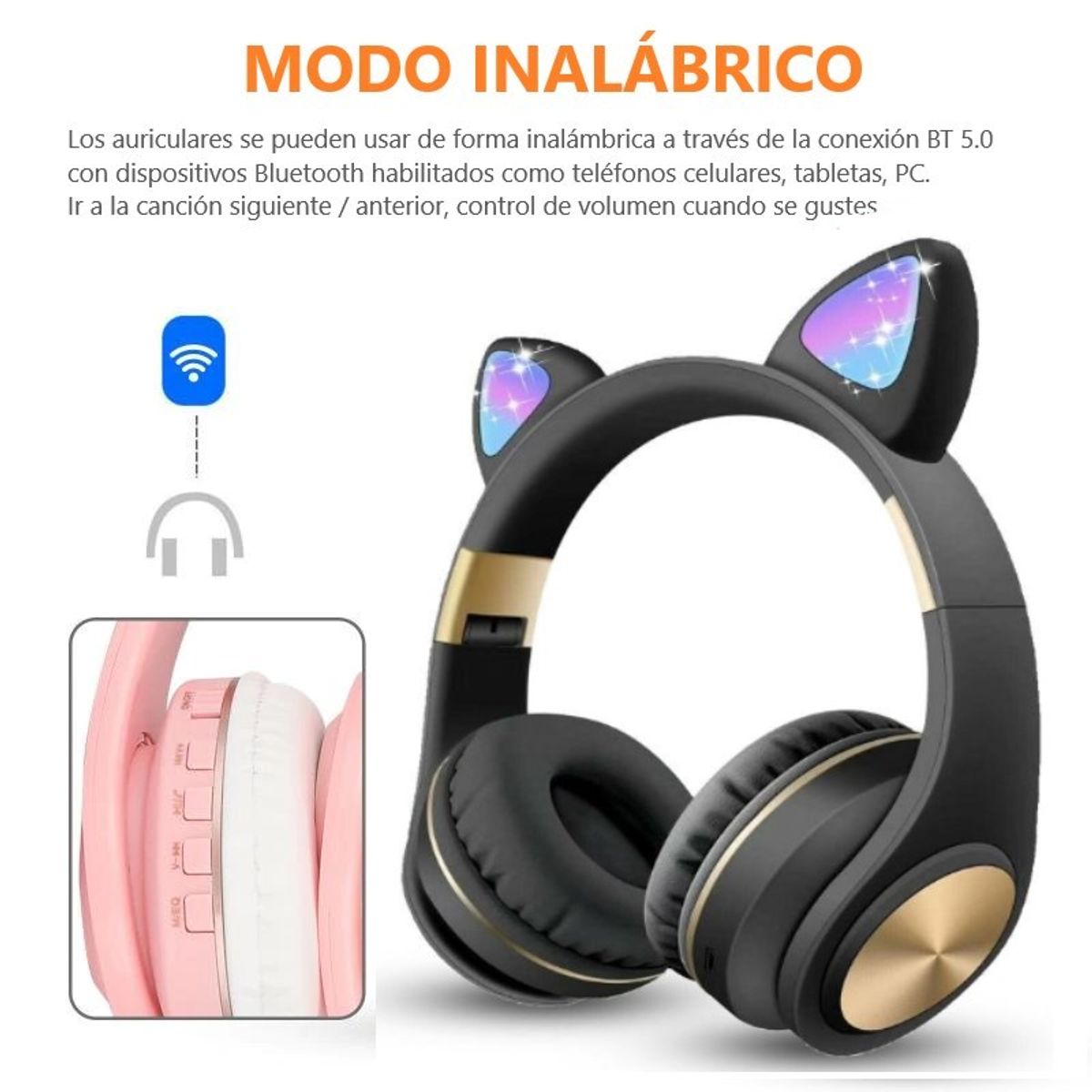 COMPRAPO - Audífonos Inalámbricos BT Calidad Premium M1 Cat Orejas de Gato Negro