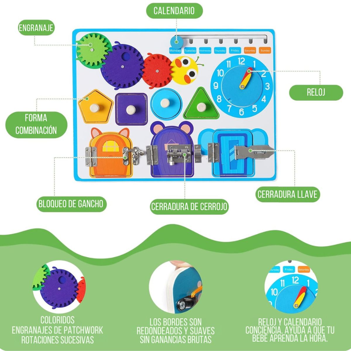 ABC - Tablero de Actividades Montessori Cerraduras y Engranajes