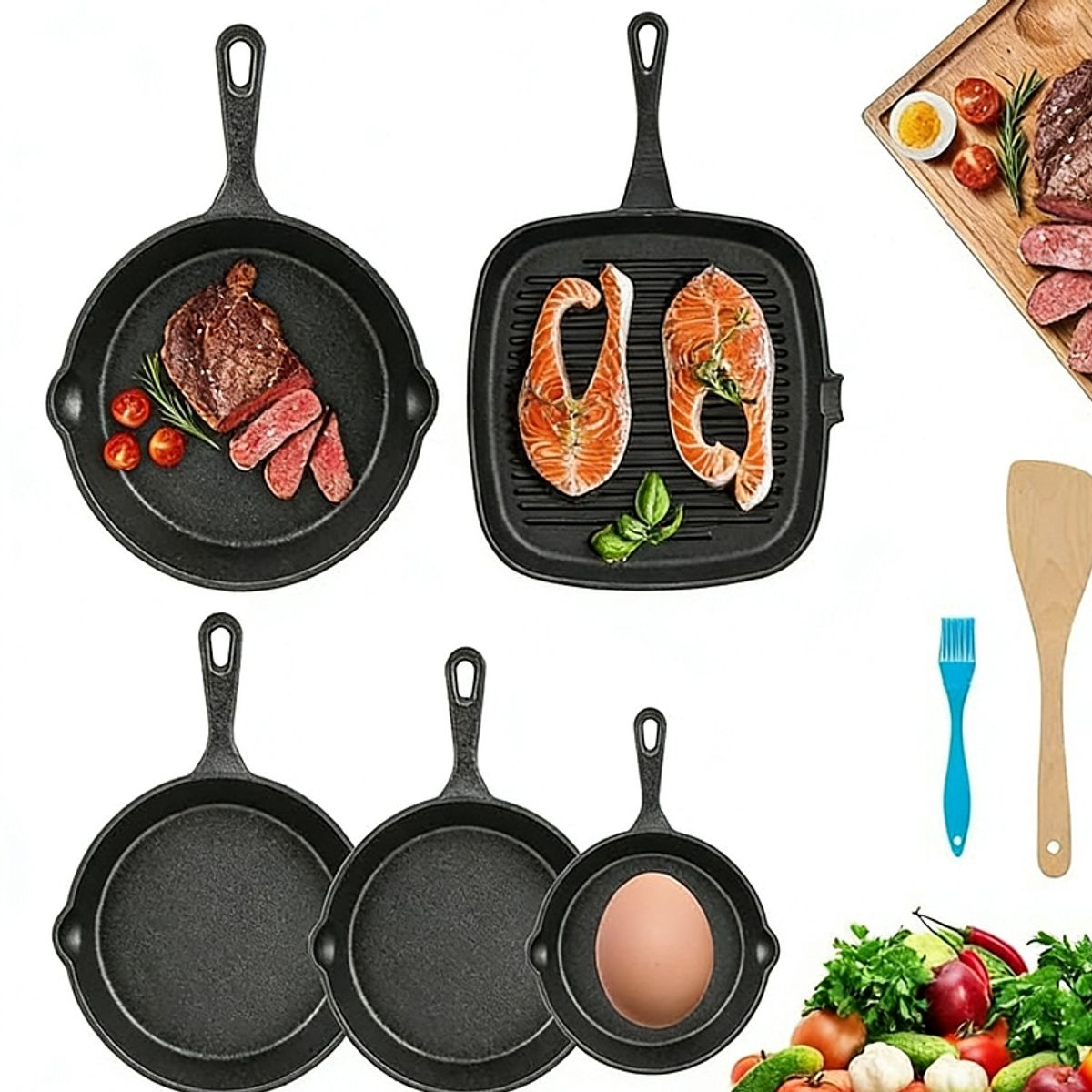 ANYHOGAR - Sartenes De Hierro Fundido Juego De Sartenes 5 Piezas