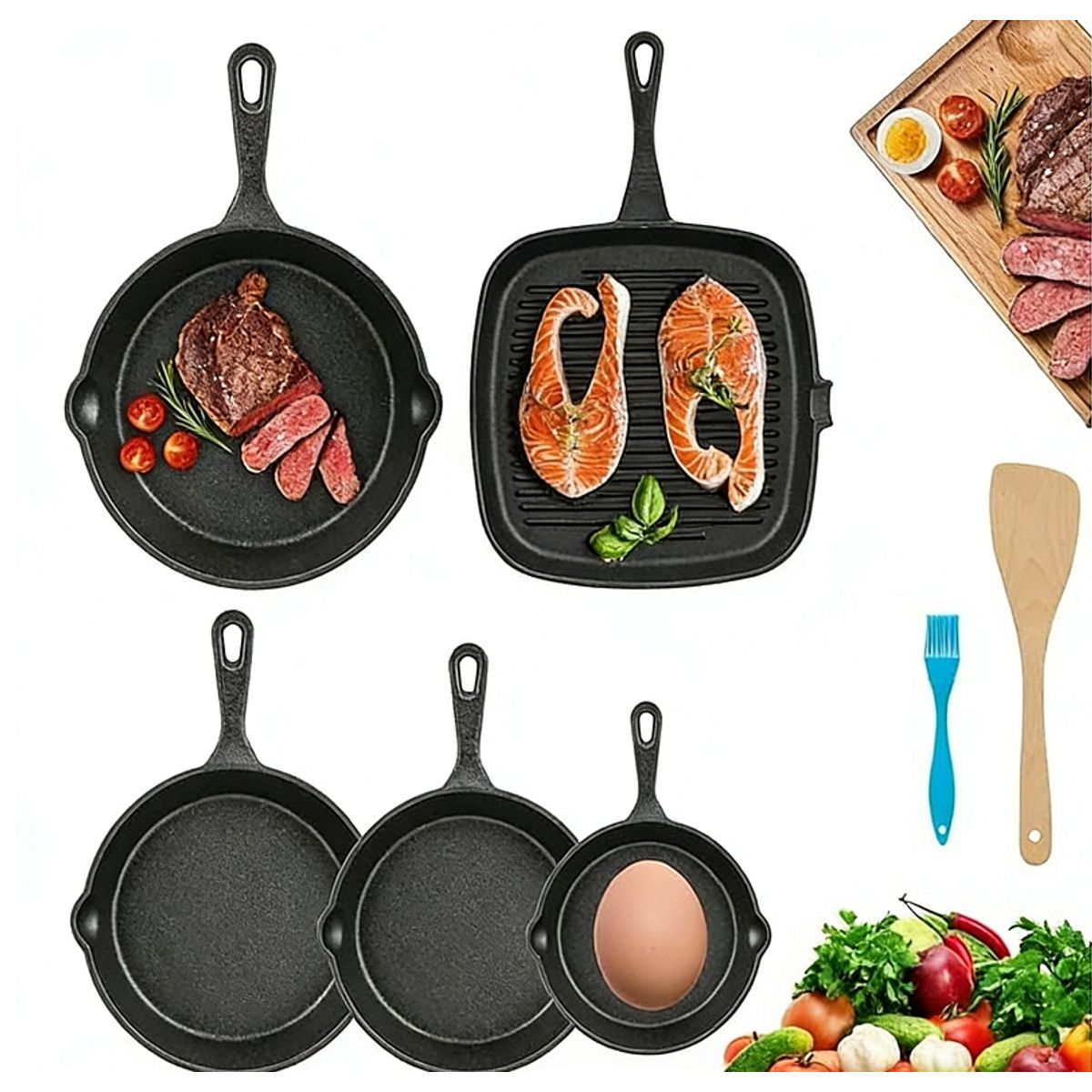 ANYHOGAR - Sartenes De Hierro Fundido Juego De Sartenes 5 Piezas