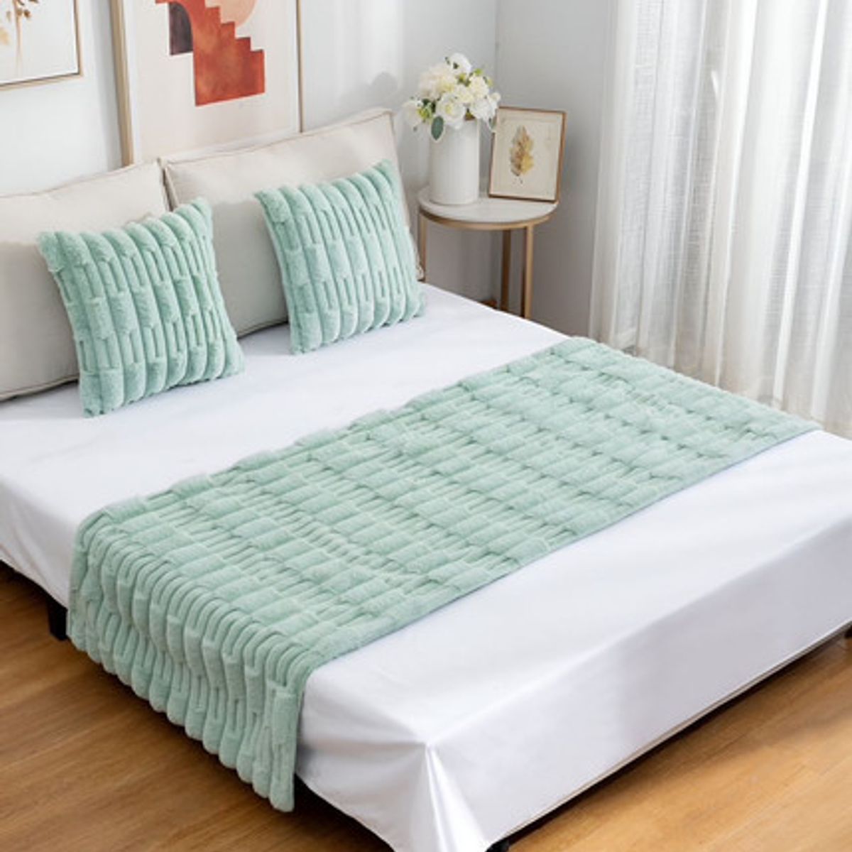 GENERICO - JUEGO DE PIECERA DE CAMA CON 2 FUNDAS MODELO BAMBÚ VERDE MENTA