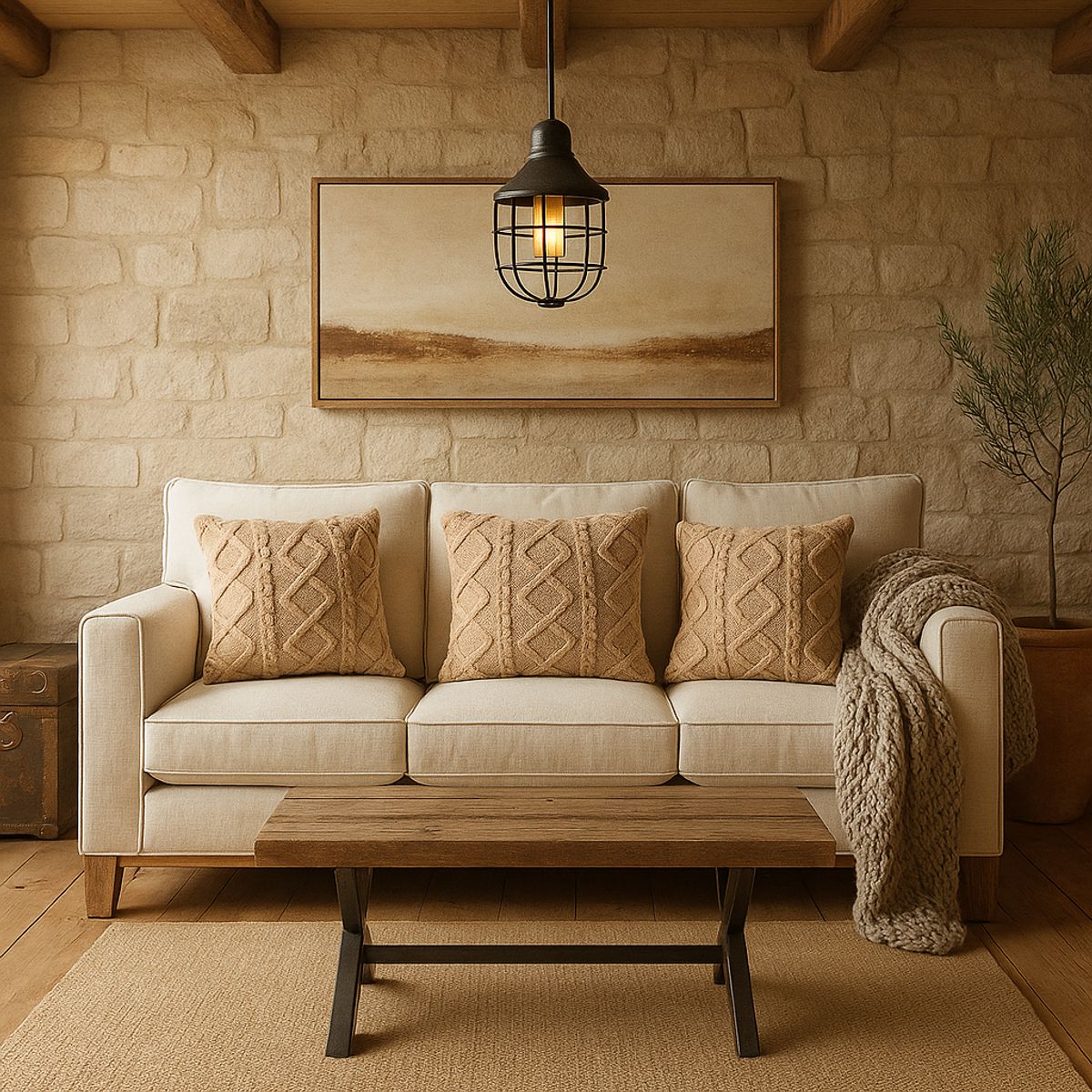 ARMONIA - Pack 3 fundas cojín trenzado beige suave peludo living Chile 758