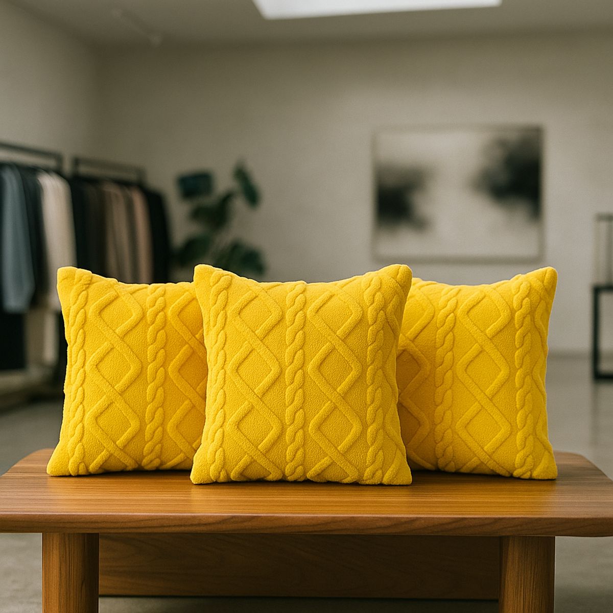 ARMONIA - Pack 3 fundas cojín pelo trenzado amarillo suave 45x45 decoración 758