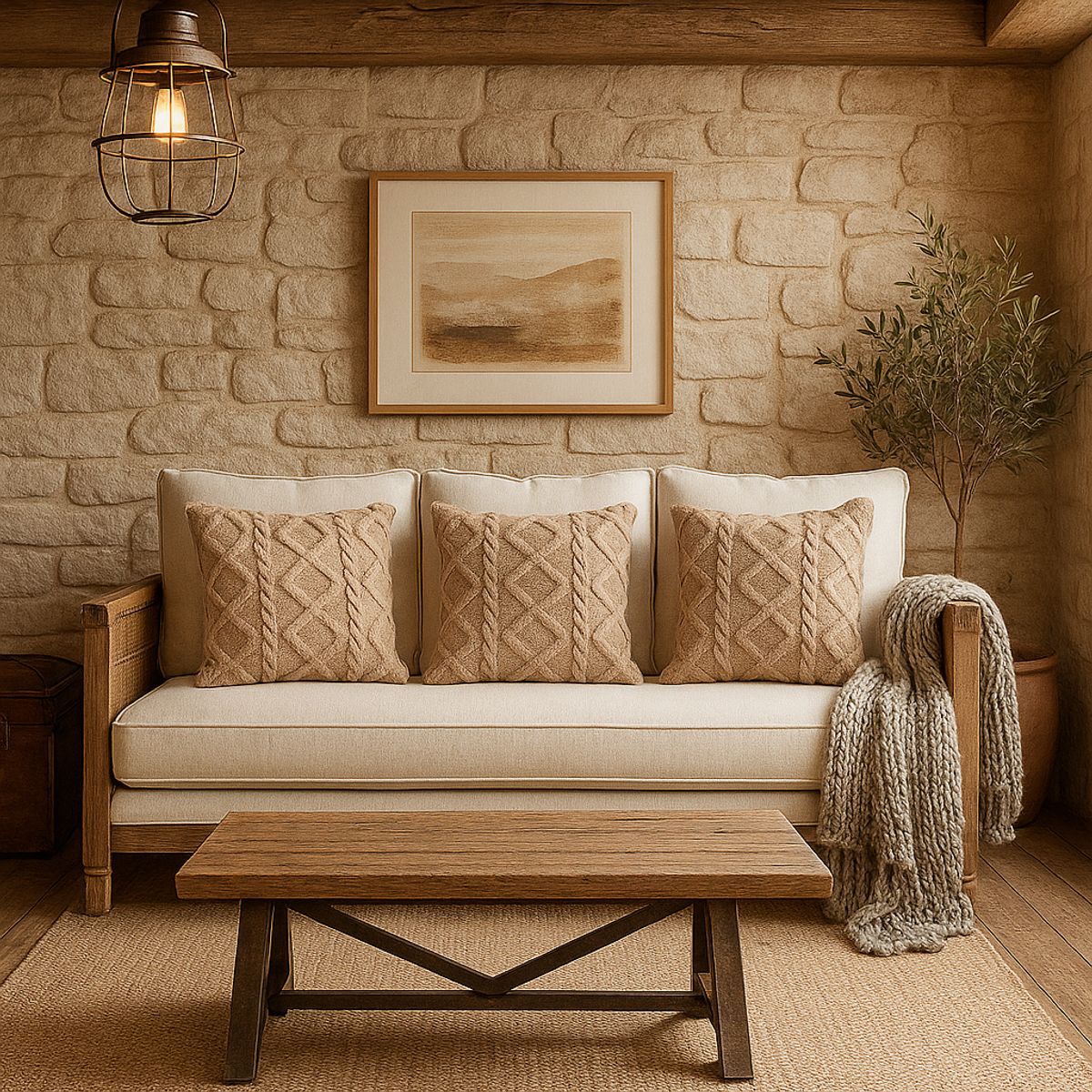 ARMONIA - Pack 3 fundas cojín pelo trenzado beige suave 45x45 decoración 758