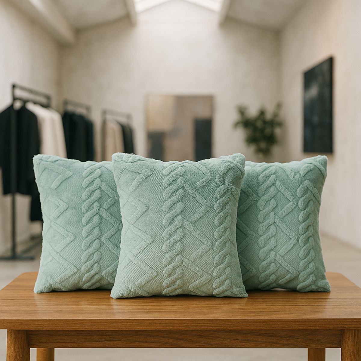 ARMONIA - Pack 3 fundas cojín pelo trenzado turquesa suave 45x45 decoración 758