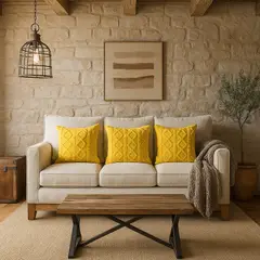 ARMONIA - Pack 3 fundas cojín trenzado amarillo suave peludo living Chile 758
