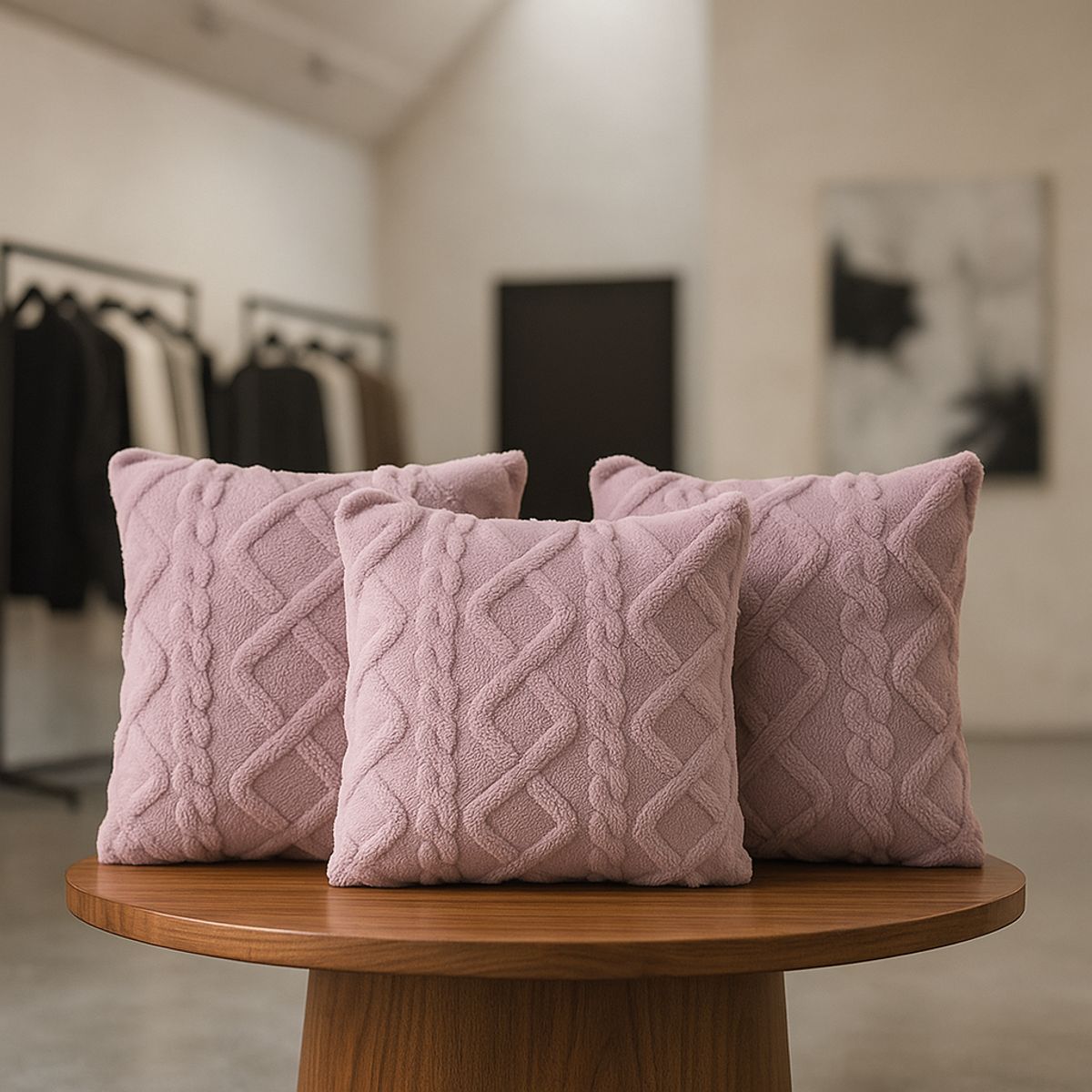 ARMONIA - Pack 3 fundas cojín lila pelo trenzado suave dormitorio 758
