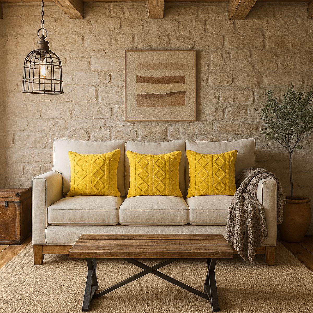 ARMONIA - Pack 3 fundas decorativas amarillo pelo trenzado cojín suave sala 758