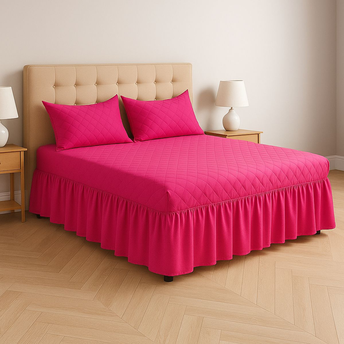 ARMONIA - Faldón de cama doble fucsia 20 plazas acolchado con fundas